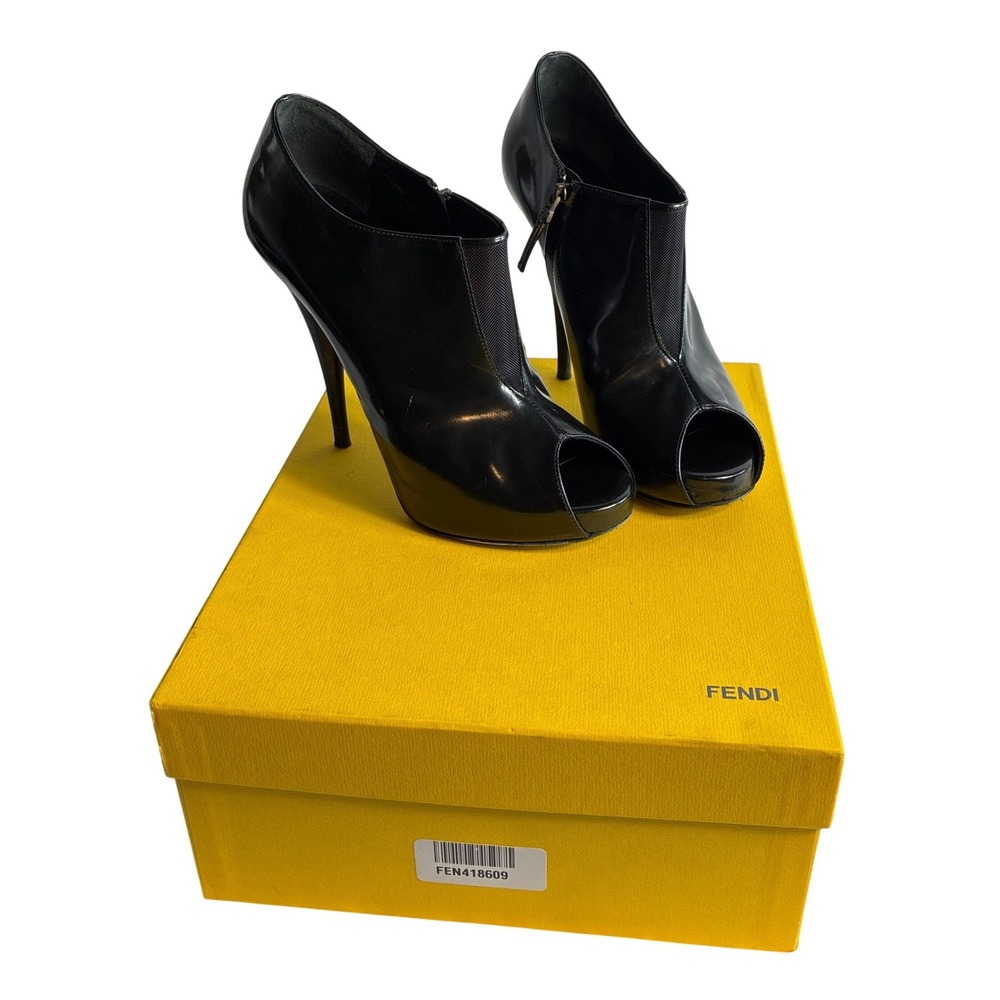 Fendi Black Patent Leather Peep Toe Ankle Boots Platform Stiletto Heels Size 37